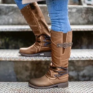 Women Retro Knight Boots Belt Buckle Side Zip Knee High Boots Autumn Winter Round Toe PU Leather Block Heel Long Boots