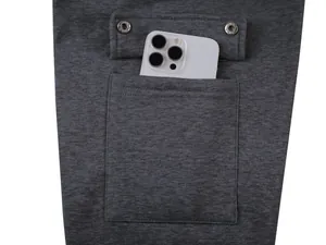 Detailansicht einer Kapuzenpulli-Tasche mit Druckknöpfen und funktionaler Klappe