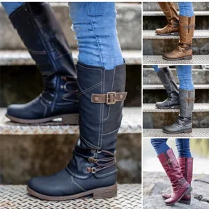 Women's knee-high rider boots with buckle straps and side zippers in multiple colors