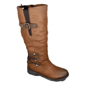 Classic brown tall knight boots for women featuring metal buckle and lace-up ankle details