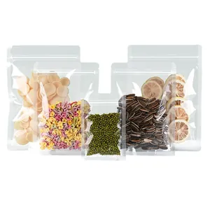 Transparent self-sealing plastic bags in various sizes for food storage and packaging.