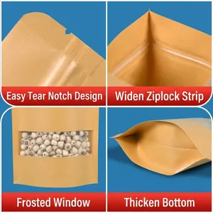Self-standing kraft paper food packaging bags with frosted window and easy-tear seal