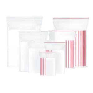 Set of clear thickened PE self-sealing plastic bags in various sizes for food storage.