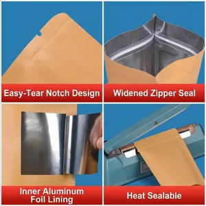 Kraft paper stand-up pouch with aluminum lining and wide ziplock for tea packaging