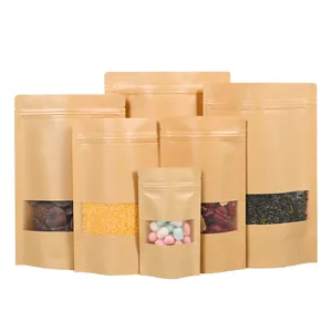 Kraft paper stand-up pouches with window for food storage, multiple sizes
