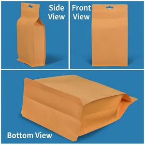 Eight-side sealed kraft paper packaging bag with zipper in side, front and bottom views