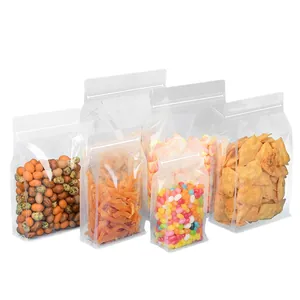 Set of clear flat bottom stand-up food bags with zippers for snacks and nuts storage.