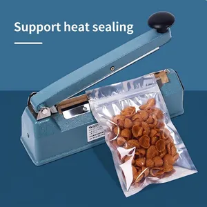 Semi-transparent aluminum foil self-sealing food packaging bags shown with blue heat sealer