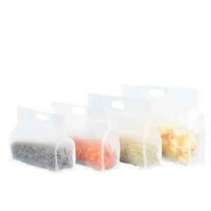 Set of 4 frosted resealable stand-up food packaging bags with handle for snacks and nuts