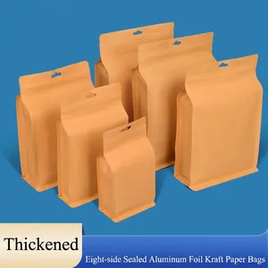 Kraft Paper Eight Side Seal Bag With Aluminum Foil Lining Resealable Ziplock Stand Up Pouch For Tea Food Storage Packaging