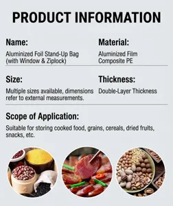 Product info sheet for stand-up aluminized foil bags with window for food storage