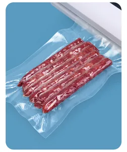 Detail view of textured vacuum bag sealing sausages for food preservation and storage