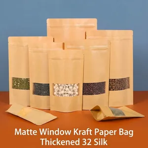 Bolsas Autoportantes de Papel Kraft Espesado Ventana Esmerilada Bolsas de Cierre de Cremallera Reutilizables para Alimentos Nueces Café Té Bolsas de Almacenamiento Cocina Embalaje
