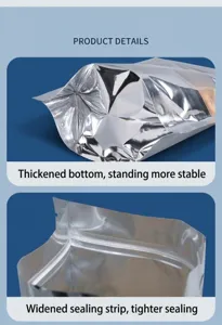 Detail view of aluminized foil stand-up bag with thickened bottom and secure zipper seal