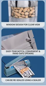 Detail view of the clear window, tear notch, and heat-sealing method for these foil bags.