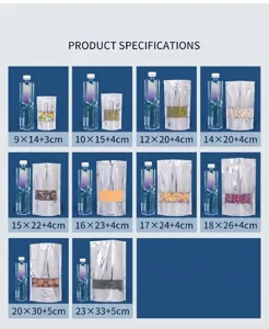 Comprehensive size chart for aluminized foil stand-up food storage bags with clear windows
