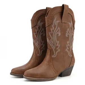 Women's Embroidered Western Cowboy Boots Vintage Chunky Mid Heel Round Toe Retro Bohemian Ethnic Style PU Fashion Boots