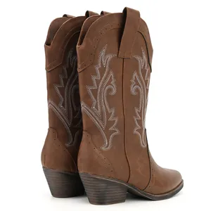Detailed back view of brown women's western cowboy boots with white stitching embroidery