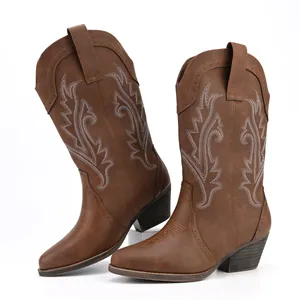 Detailed macro view of women's brown embroidered cowboy boots with sturdy block heels