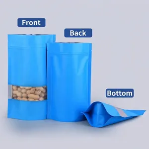 Blue matte aluminum foil stand-up pouch with window showing front back and bottom