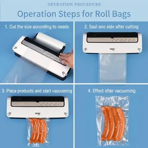 Textured vacuum sealer bags for food storage shown in a detailed 4-step operation guide