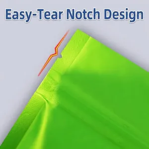 Green aluminum foil stand-up pouch featuring a functional easy-tear notch design
