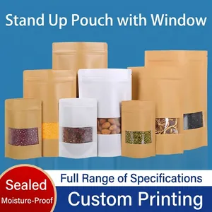 100pcs White Matte Kraft Paper Stand Up Pouch With Transparent Window Zip Lock Food Packaging Bag For Nuts Tea Coffee Beans
