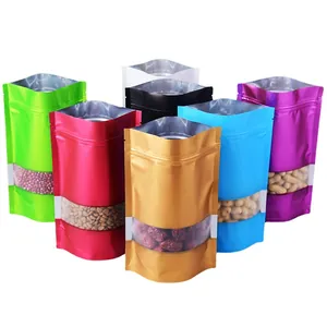 Colorful matte aluminum foil stand-up zipper bags with windows for food packaging