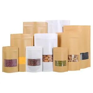 Eco-friendly stand-up kraft paper food packaging bags with clear window and resealable zip