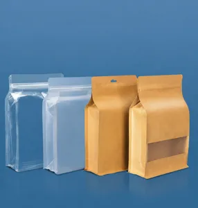 Detail view of eight-side sealed stand-up pouches in transparent and kraft paper