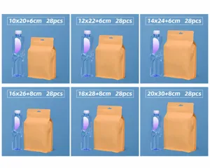 Comparison of six sizes of opaque Kraft paper stand-up pouches shown with dimensions