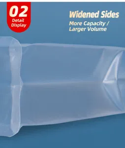 Detail showing the widened side gusset of a transparent octagonal seal bag for snacks.