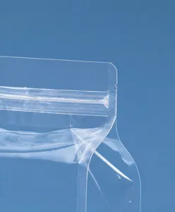 Detailed view of the easy-tear notch design on a clear plastic stand-up pouch bag