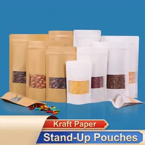 Kraft Papier Stand Up Zak Met Mat Venster Zelfsluitend Vochtbestendig Voedselverpakking Opbergzak Voor Thee Noot Snack