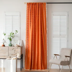 Vibrant orange semi-shading curtain with white vertical stripes and elegant fringe tassels