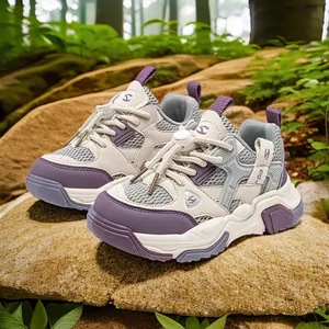 Kids Chunky Sneakers Boys Girls Breathable Synthetic Leather Mesh Patchwork Shoes With Toggle Buckle Anti-Slip Outdoor Running Shoes