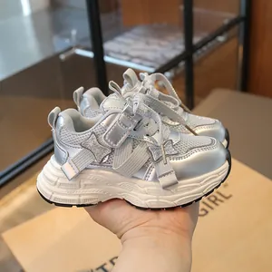 Trendy silver breathable sneakers for girls with chunky non-slip soles for active play