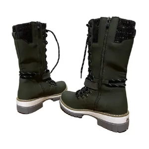 Durable olive green mid-calf lace-up boots featuring thick soles and side zippers