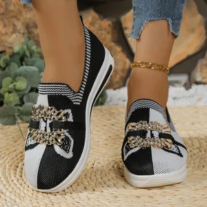 Mocasines de Punto Flyknit para Mujer Transpirables Zapatos Deportivos Casuales Planos Con Hebilla de Metal y Diamantes de Imitación