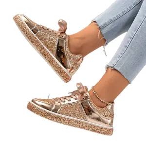 Fashionable rose gold glitter sequin flat sneakers with metallic panels for women