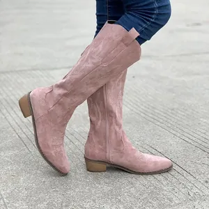 Detailed view of vintage pink suede mid-calf cowboy boots with classic embroidery