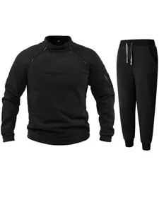 Close-up of black men's fleece tracksuit set with stand collar and zipper details