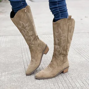 Detail view of vintage brown embroidered Western boots with chunky heel.