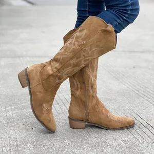 Vintage brown suede mid-calf cowboy boots with white embroidery and block heel detail.