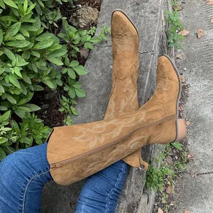 Detailed close-up view of vintage embroidered brown suede cowboy boots for women with wood heels