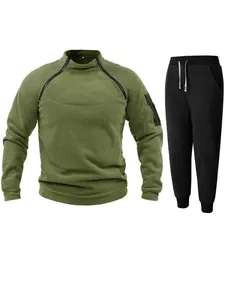 Detailed view of olive green coral fleece pullover and black sweatpants tracksuit set