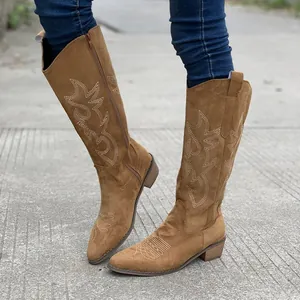 Vintage embroidered brown cowboy boots for women with V-cut top and sturdy block heel