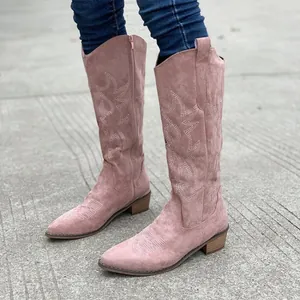 Vintage pink embroidered V-cut western cowboy boots with a stylish thick block mid-heel