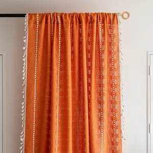 Bohemian Orange Semi Blackout Curtain With White Tassels Embroidered Pattern Polyester Woven Drapes For Living Room Bedroom