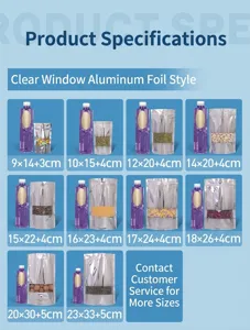 Größentabelle für Aluminium-Standbodenbeutel mit Sichtfenster in zehn Größen